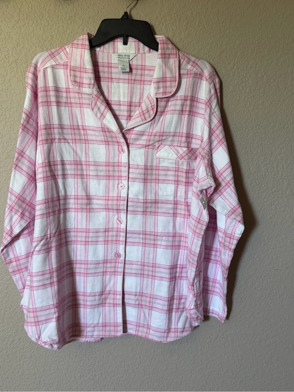 SLEEP SENSE Womens XL Pajama Top Blouse Portuguese Flannel Pink Plaid Soft NWT